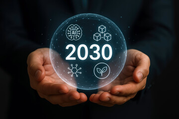 Hands holding glowing sphere with future icons and year futuristic