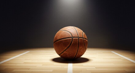 Naklejka premium Worn Basketball on Hardwood Court - A single, well-worn basketball rests center court, symbolizing dedication, perseverance, competition, teamwork, and victory.