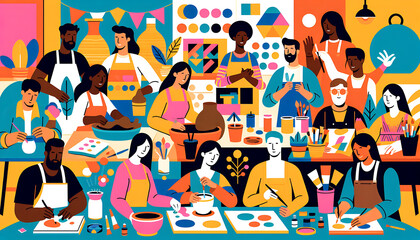 Diverse group of people enjoying creative arts and crafts workshop with painting and pottery