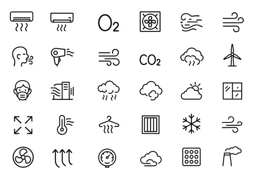 Air line editable ventilation icon set, air conditioner fan symbol, wind breeze graphic, oxygen flow shape, pollution control emblem, air quality monitoring icon, vector illustration.