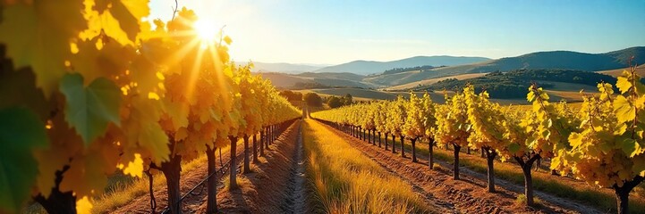 Fototapeta premium Sun-Drenched Tuscan Vineyard Ripe Grapes Ready for Harvest in Rolling Hills under a Clear Autumn Sky. An Idyllic Scene Perfect for Wine, Travel, and Harvest Imagery.