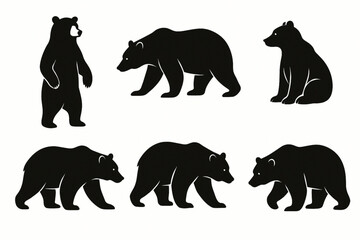Naklejka premium Bear Silhouette Vector Set with Various Poses – Standing, Walking, Sitting for Wildlife and Nature Designs on White Background