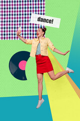 3d sketch image vertical collage of happy girl guy stand vinyl disk celebration event player retro music chill vibe holiday