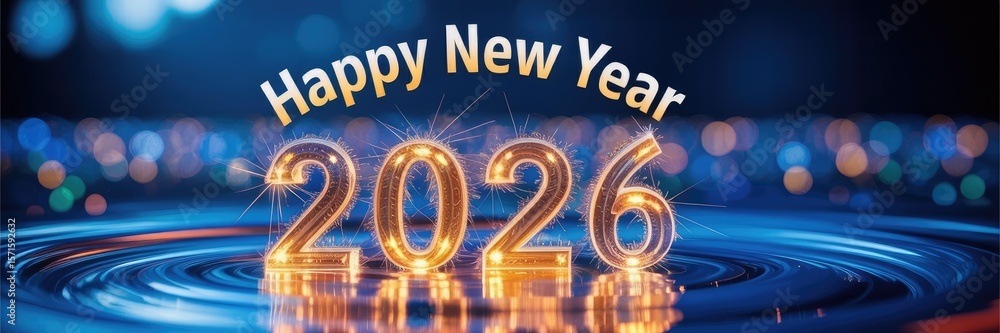 Poster sparkling 2026 numerals with happy new year text on blue bokeh backdrop