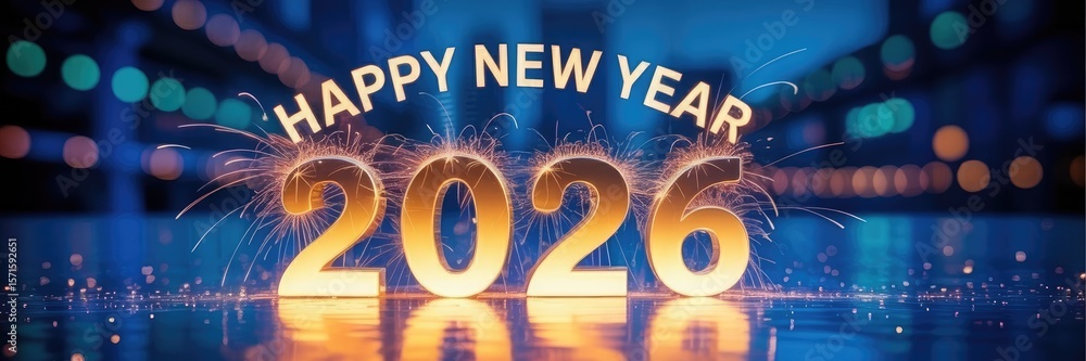 Poster sparkling happy new year 2026 golden text with bokeh lighting background