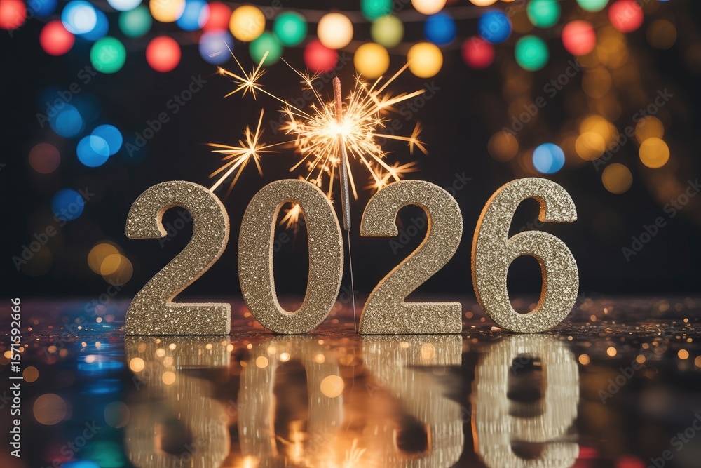 Poster sparkly 2026 number with bokeh lights and sparkler, glitter texture figures