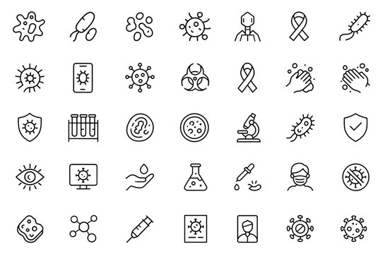 Microorganisms line editable icon set, vector illustration, biology laboratory icons, microbiology research icons, bacteriology disease study, virus immune infection symbols, pathogen identification.