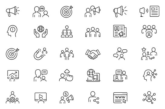 Public relations line editable icon set, campaign promotion marketing announcement icons, audience engagement communication megaphone journalism icons press outreach vector illustration.