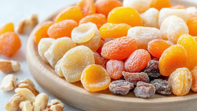Dried Fruits on Wooden Plate: An array of colorful dried fruits, including apricots, dates, and raisins, artfully arranged on a rustic wooden plate, exuding natural sweetness and culinary charm.
