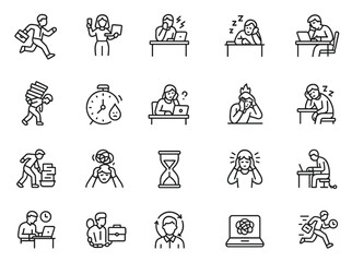 Workaholic workaholism icon set, editable line art illustrating burnout, busy fatigue, stress overload, multitask pressure, productivity challenge, addiction, habit vector illustration, png.