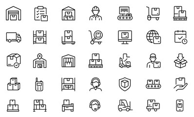 Warehouse line editable icon set for logistics, storage, inventory, distribution, shipping, supply chain, cargo handling, pallet rack, forklift operations, vector illustration png.