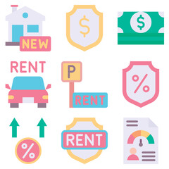 Set Of Icons Rent And Credit, Flat Style Isolated Vector Icon Set.