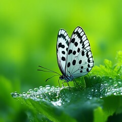 Obraz premium A delicate black-and-white butterfly rests on a dew-kissed leaf