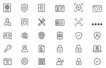 Identity verification line editable icon set, passport, biometric authentication, fingerprint recognition, face ID scanner, privacy protection security interface icons, vector illustration.