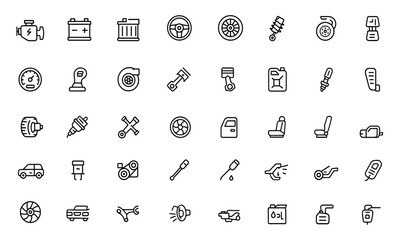 Editable line car parts icon set, automotive spare parts, engine, transmission, tire, battery, headlamp, fuel pump, piston, brake, chassis, mechanical components icons, vector illustration.