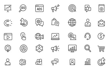 Media marketing line editable icon set, SEO, data analytics, ads optimization, business communication, social media, e-commerce, viral outreach, brand engagement, vector illustration.