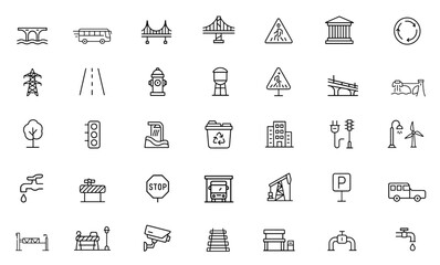 Infrastructure line editable icon set, public facility, city transport, urban architecture, utility services, energy network, city infrastructure planning, png, vector illustration.