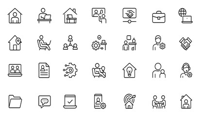 Working from home line editable icon set, remote working, freelance, digital nomad, home office, collaboration, teamwork, work from anywhere icons, vector illustration.