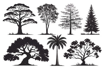 set of trees vector, set of trees silhouettes, Tree Silhouettes Collection: Elegant Vector Trees for Logo & Poster Design