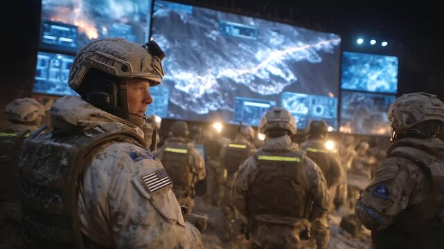 A dimly lit command room illuminated by glowing monitors and wall-sized tactical displays, with rescue personnel in bright gear clustered in briefing formation, watching as a comma
