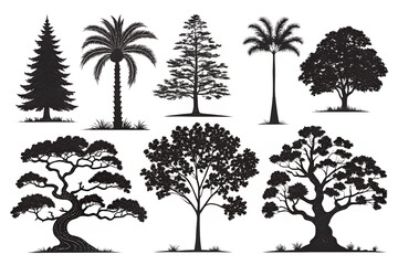 set of trees vector, set of trees silhouettes, Tree Silhouettes Collection: Elegant Vector Trees for Logo & Poster Design
