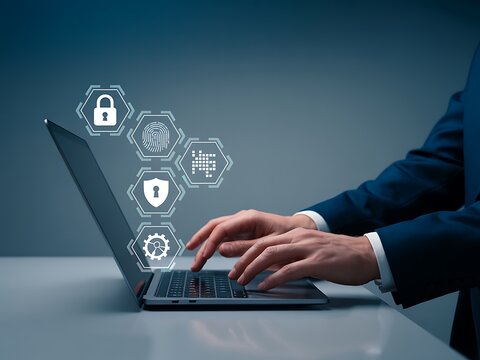 Person typing on laptop with digital security icons