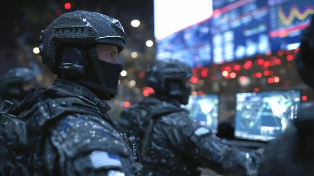 A fast-paced emergency coordination scene with responders rapidly gearing up during a tactical briefing, surrounded by charts, time-stamped intel feeds, and flashing red lights