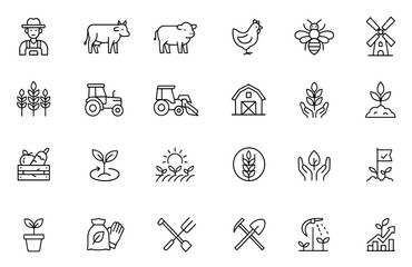 Fototapeta premium Farming and agriculture line editable icon set, farmer, cow, pig, lamb, chicken, bee, windmill, wheat, corn, harvesting, sustainable farming, organic farming tools Vector illustration.