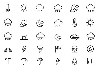 Weather line editable icon set, sun symbol temperature indicator, rain snow cloud humidity stormy sky forecast barometer meteorology climate change environment vector illustration, UI pack.