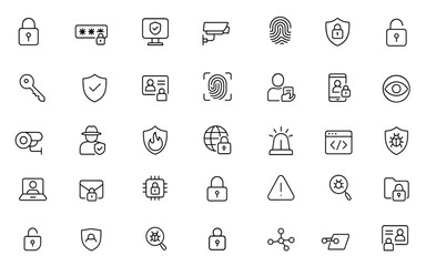Security systems editable line icon set, access control, CCTV surveillance, encryption, firewall, biometric authentication, cyber threat monitoring, secure UI toolkit, vector illustration.