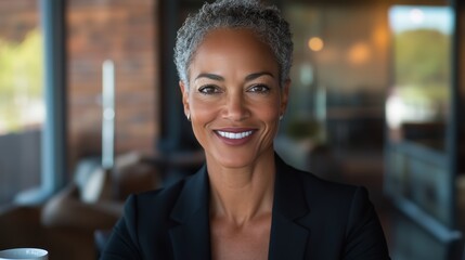 Confident woman with short gray hair smiles while holding a cup in a modern office setting during daytime