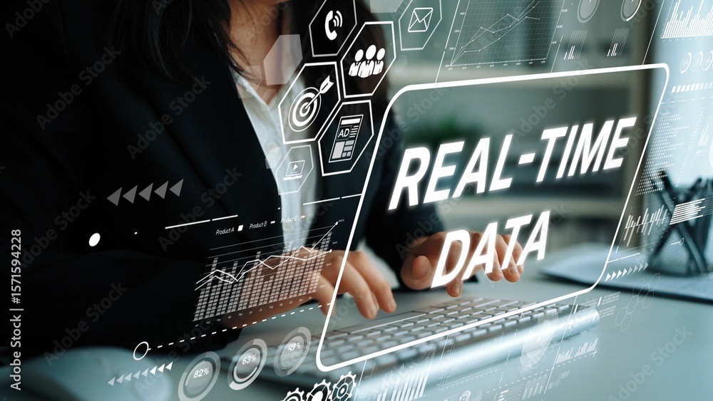 Poster bright and modern office scene highlighting real-time data analysis and technology in business envir