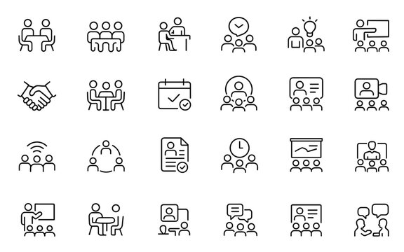 Editable Meeting Line Icon Set for Conference, Team & Group, Presentation and Collaboration. Vector illustration, office symbols, seminar workshop, agenda, corporate workspace iconography.