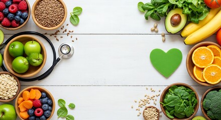 Organic healthy food in wooden bowls,medical stethoscope and green heart shape on white background for the health concept.Top view