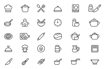 Fototapeta na wymiar Editable cooking icon set, chef kitchen tools and ingredients, recipe prep, baking essentials, chopping board, frying pan, rolling pin, utensils, kitchenware, vector illustration, png.
