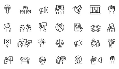 Editable thin line vector illustration activism icon set of protest, demonstration, strike, advocacy, human rights, megaphone, banner, grassroots campaign, social justice movement.