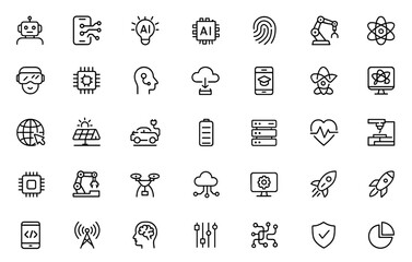 Editable technology icon set with AI circuits, robotics automation, IoT, cloud computing, biometric sensors, industry hardware, drone control, processor design, vector illustration.