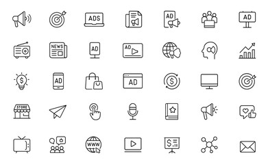 Editable stroke advertisement icon set for marketing and promotion, including advertising, branding, social media, billboard, radio, television, web, ecommerce, png, vector illustration.