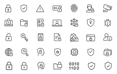 Privacy line editable icon set with lock, shield, fingerprint, encryption, firewall, data protection, identity verification and network security, access management, vector illustration.