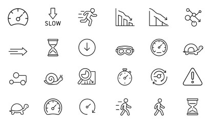 Slow Concept Editable Stroke Icon Set, Speed Control, Performance Monitoring Suite, Patience Symbol, Hourglass Timer, Turtle, Efficiency Dashboard, Productivity Snail, Vector Illustration.