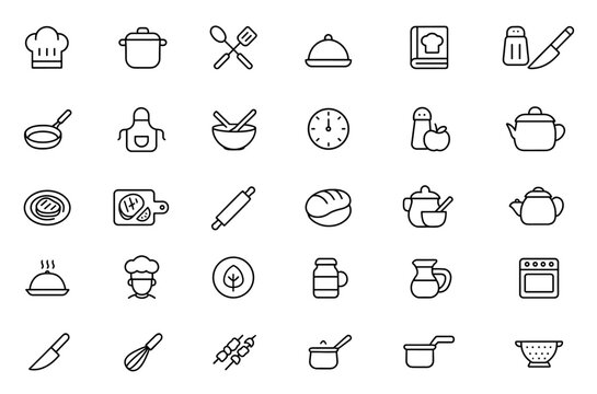 Editable cooking icon set, chef kitchen tools and ingredients, recipe prep, baking essentials, chopping board, frying pan, rolling pin, utensils, kitchenware, vector illustration, png.