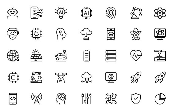 Editable technology icon set with AI circuits, robotics automation, IoT, cloud computing, biometric sensors, industry hardware, drone control, processor design, vector illustration.
