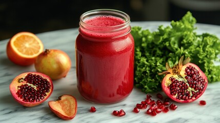 Vibrant red smoothie in a glass jar, surrounded by pomegranate, orange, and greens