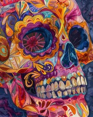 a close-up of a beautifully crafted calavera mask with intricate designs and vibrant hues