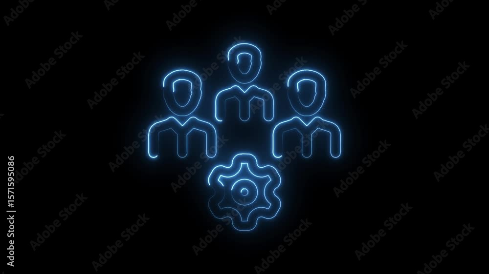 Poster teamwork and settings neon icon animation on black background for business process optimization