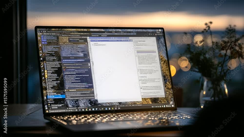 Aufkleber a dark-themed workspace with a glowing ultrawide laptop screen showing perfectly categorized digital