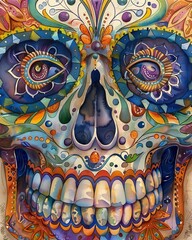 a close-up of a beautifully crafted calavera mask with intricate designs and vibrant hues