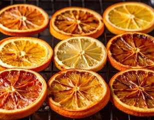 Vibrant dried citrus fruit slices, showcasing intricate natural patterns in orange and yellow tones, lie gently on a clean dark metal wire rack.