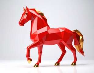 Magnificent red geometric horse with a flowing golden mane and tail and shining golden hooves stands elegantly on a light, isolated stage.