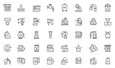 Water treatment line editable icon set with water filtration, aquifer, sewage treatment, filter, drain, chlorinated, ultraviolet cleaning, wastewater management, purification, vector illustration.